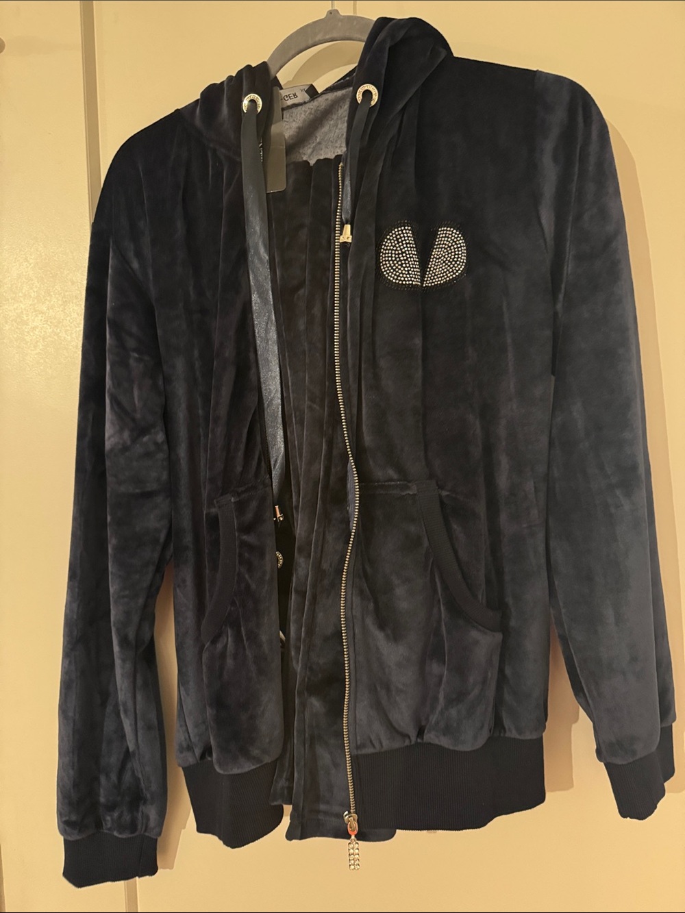 Za- Ger Navy Velvet Zip Hoodie with Crystal Heart Emblem